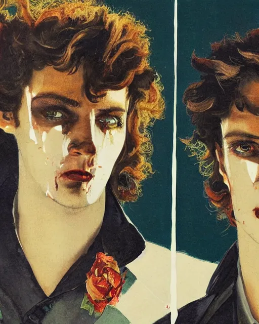 Prompt: two handsome but sinister young men wearing christian lacroix in layers of fear, with haunted eyes and wild hair, 1 9 7 0 s, seventies, wallpaper, a little blood, moonlight showing injuries, delicate embellishments, painterly, offset printing technique, by brom, robert henri, walter popp