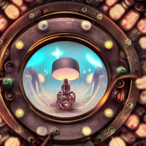 Image similar to cardboard pinhole camera, steampunk, extreme closeup, center frame, symmetric, rim light, bioluminescence, electric, soft, concept art, intricate details, highly detailed, colorful, photorealistic, disney pixar, octane render, iridescent, anime, 8 k