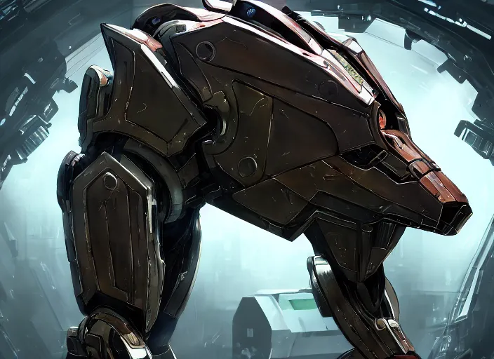 Prompt: cinematic shot, vore station borg hound, mecha hound, taller than man, sharp armor, open metal maw, feral body, angular metal, glass visor, vore art, furry art, digital art, warframe hound, furaffinity, deviantart, sofurry