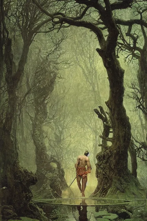 Image similar to the warrior god zeus walks in dark gardens beside a small pond, misty, stately home visible in distance through trees, greg staples, jack kirby, boris vallejo, ruan jia, lawrence alma tadema, zdzislaw beksinski, carl spitzweg, everett raymond kinstler, norman rockwell