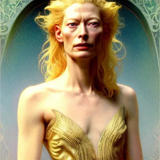 Image similar to young adult tilda swinton as lucifer morningstar, ornate long blond hair, whole body, natural lighting, path traced, highly detailed, high quality, digital painting, by gaston bussiere, craig mullins, alphonse mucha j. c. leyendecker