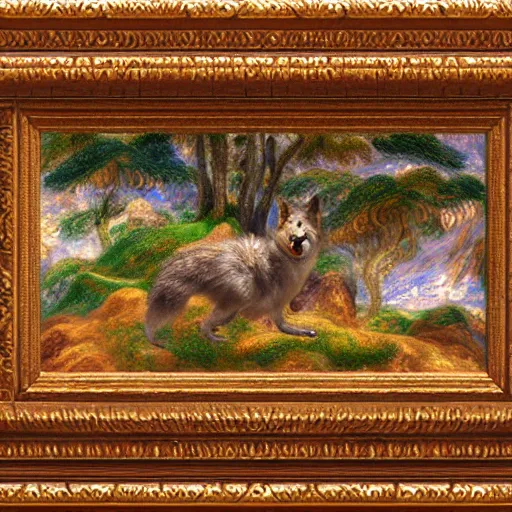 Image similar to japanese iridescent fuzzy mountain range rectangle jackal cedar tree vault mousse, by pierre - auguste renoir and peter paul rubens and brom, panorama, voxel, abstract