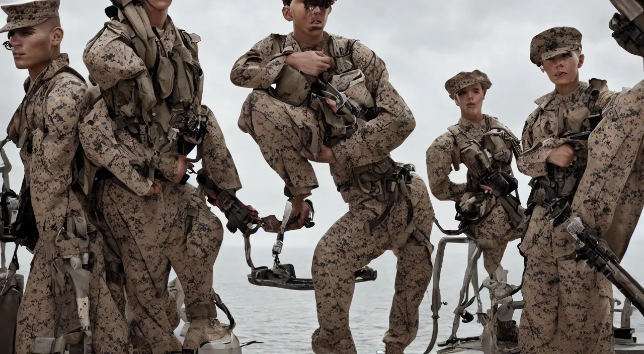 Image similar to us marines portrait, on aircraft carrier, highly detailed, fashion editorial, by jimmy nelson