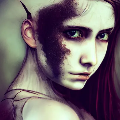 Prompt: girl, fantasy art, portrait, 1 8 yo, pale, large dark birthmark across half of face, pretty, medieval, tomboy, dark hair