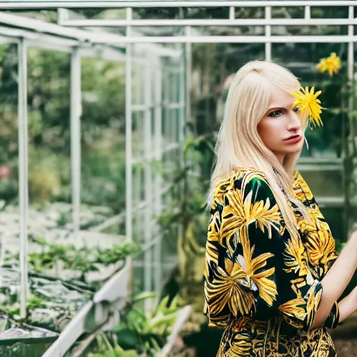 Image similar to head to shoulder portrait photograph of an elegant blond woman wearing a yellow kimono with a very detailed barn owl on her shoulder!!! in a tropical greenhouse. looking at the camera!!. super resolution. 85 mm f1.8 lens.bokeh. graflex. by Alessio albi !