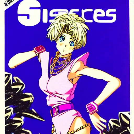 Prompt: 1993 Magazine Cover Anime key visual of a Versace girl; official media; typography; drawn by Hirohiko Araki; Jojo's Bizarre Adventure; Jojolion