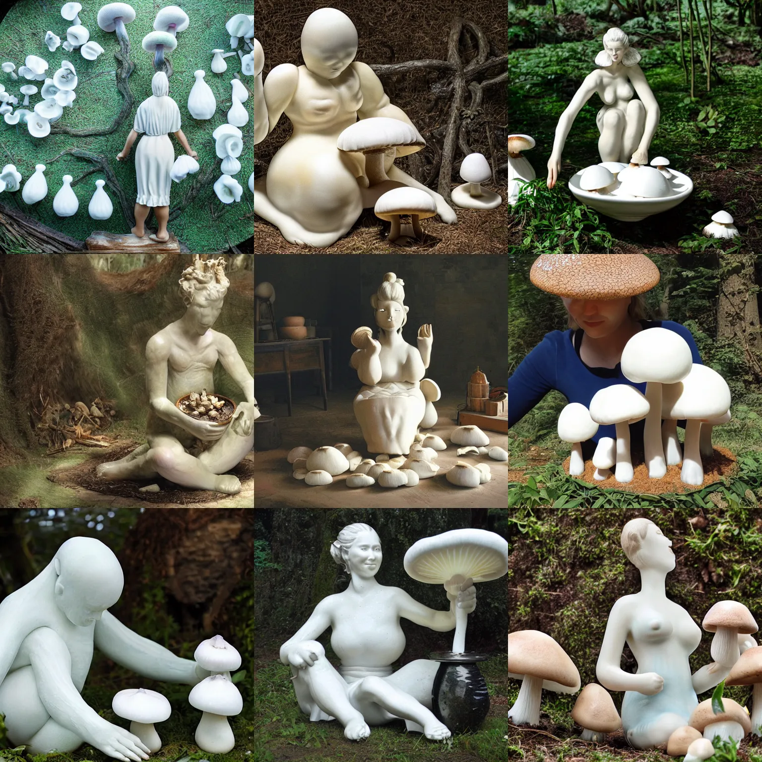 Prompt: a giant made of porcelain tending to her mushrooms