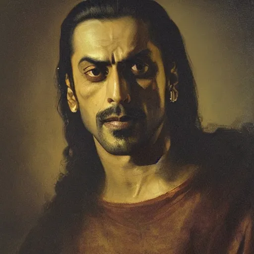 Prompt: portrait of arjun rampal by rembrandt