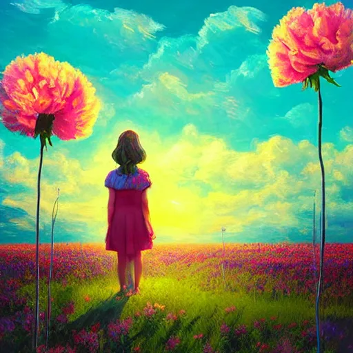 Image similar to girl with a giant carnation head, surreal photography, flower field, sunset dramatic light, impressionist painting, colorful clouds, blue sky, digital painting, artstation, simon stalenhag