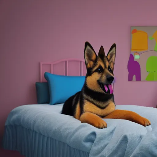 Prompt: eye - level view, in a child's bedroom filled with toys, a super cute gsd runs around in circles on an unmade bed. a colorful comforter is on the bed. hilarious, funny, back to school comedy, cg animation, 3 d octane render, imax 7 0 mm,