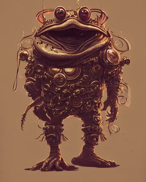 Image similar to a slimy anthropomorphic toad king wearing ornate steampunk armor, smooth, intricate, elegant, digital painting, artstation, steam, grungy steel, concept art, sharp focus, octane render, illustration, art by josan gonzalez,