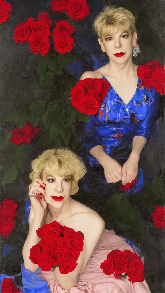 Image similar to portrait of julee cruise in lynch pattern, big persian detailed pot of red roses, blue and red lights painted by john singer sargent