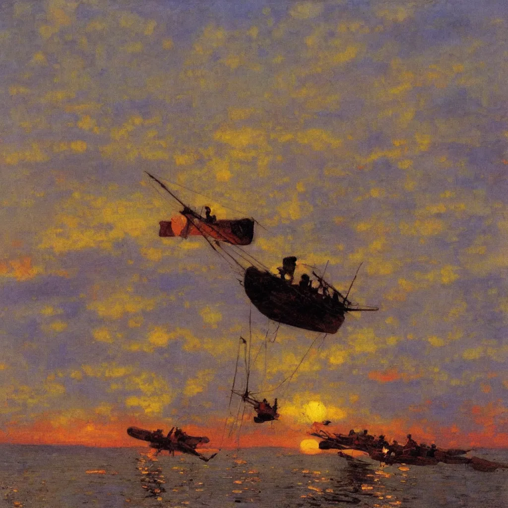Prompt: two zepplins in the twilight, 1915, highly detailed colourful oil on canvas, by Ilya Repin