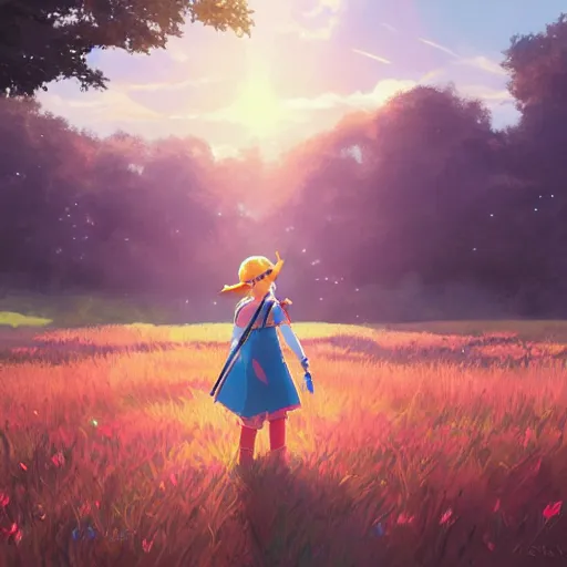 Image similar to zelda in a field. cgsociety masterpiece, artstation trending, by rossdraws, ghibli, kimi no na wa, greg rutkowski, simon stalberg, greg manchess