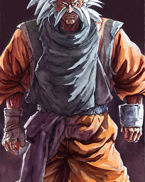 Image similar to a oil / watercolor painting full body character portrait of an old homeless saiyan soldier / mercenary in the style of moebius in the style of leonard boyarsky trending on artstation deviantart pinterest detailed photorealistic highlights and shadow hd 8 k post - processing high resolution