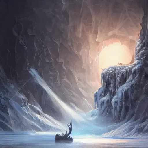 Image similar to A highly detailed oil painting in the style of Greg Rutkowski and Afremov of a very deep, very very dark cave with a huge frozen lake in the middle of it and an Ancient Ice dragon sleeping near a very big treasure pile, in the middle of a blizzard.