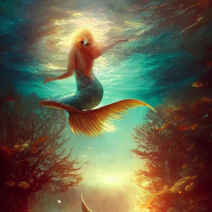 Image similar to gorgeous mermaid swimming underwater, golden hour, god rays, coral reef, dreamscape by artgerm and ruan jia and ismail inceoglu and greg olsen, cosmos, milky way galaxy, masterpiece, beautiful, intricate, elegant, highly detailed, palm trees