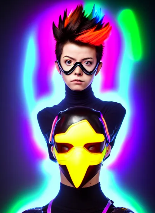 Image similar to full body overwatch style oil painting portrait of tracer overwatch, confident pose, wearing black jagged iridescent rainbow latex armor, rainbow, neon, 4 k, expressive surprised expression, makeup, wearing large rainbow neon choker, studio lighting, black leather harness, expressive detailed face and eyes,