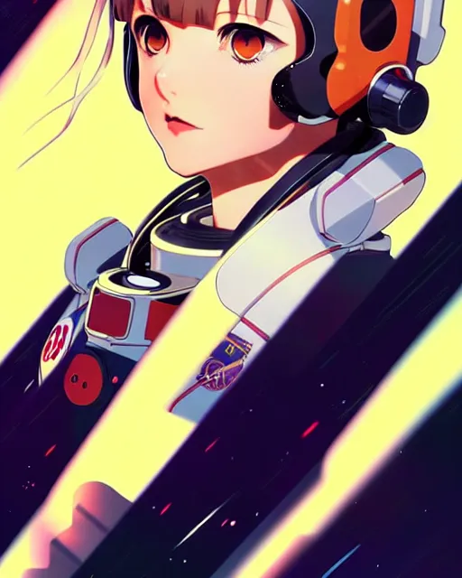 Image similar to ilya kuvshinov anime illustration of young astronaut girl, last exile, murata range, fine detail, perfect anime face, dramatic lighting, dynamic composition, art deco, cel shading, vivid, rich texture, yoshinari yoh, alphonse mucha, ( ( ( colorful ) ) )