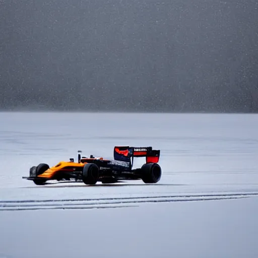 Prompt: an f1 car drifting across a frozen ice lake