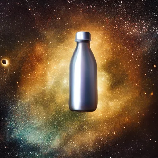 Image similar to professional studio photograph of a swirling galaxy contained within a bottle