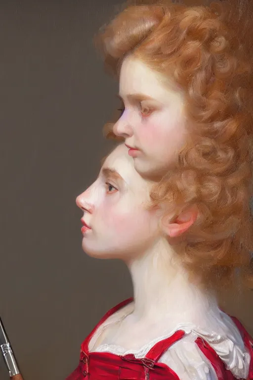 Prompt: museum painting, close - up, 1 4 years old girl,!!! strawberry blonde!!! gathered hair, mischievous face, dressed in 1 8 th century clothes, sharp focus, highly detailed, digital art, oil painting, masterpiece, artgerm, rutkowski