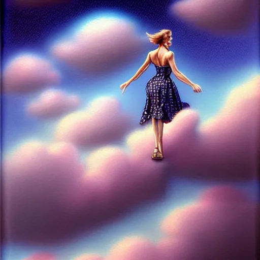 Image similar to portrait of woman walking up an infinity staircase in the clouds, sky background, art by peter lloyd, 1 9 8 0's art, retro art airbrush style, art by hajime sorayama,, intricate, elegant, sharp focus, illustration, highly detailed, concept art, matte, sharp focus, illustration, highly detailed, concept art, h 6 4 0