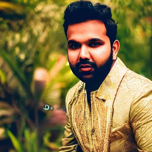 Image similar to portrait of rohit sharma as a pimp, canon 3 5 mm portrait photography, ultrarealistic