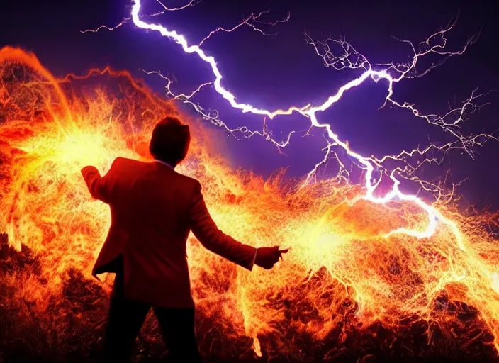 Image similar to burning donald trump casting fireballs, colorful hd picure, lightning in the background