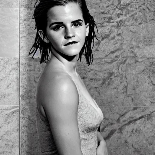 Prompt: a full body sculpture portrait of emma watson made of stone, holding an umbrealla in the shower like rain, beautiful dressed