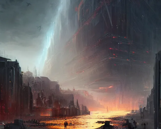 Image similar to great city at the end of time after the cataclysmic Great Warping, a sci-fi digital painting by Greg Rutkowski and James Gurney, trending on Artstation