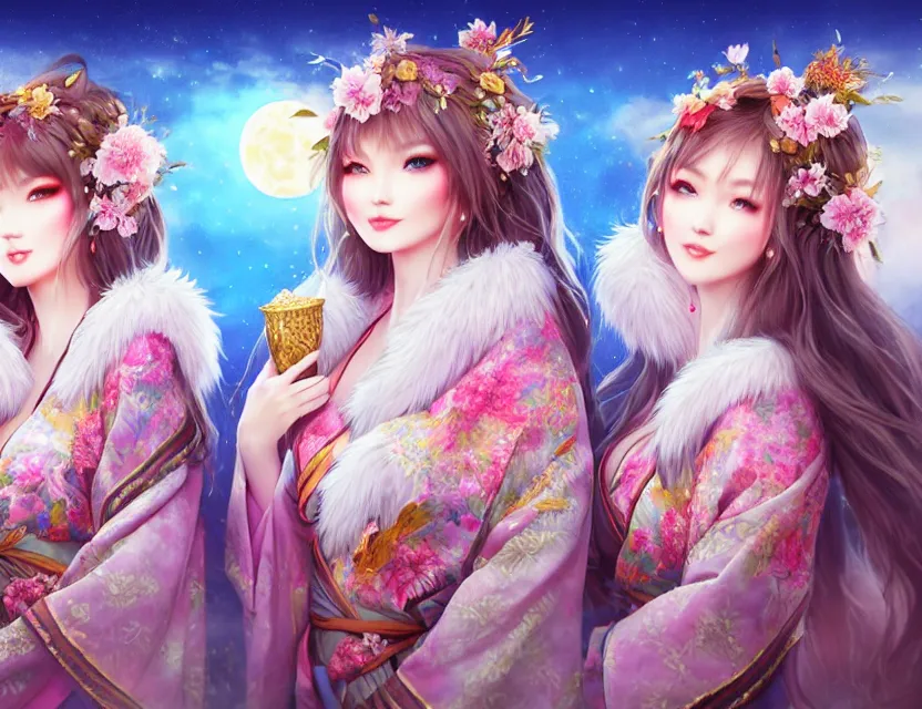 Image similar to two beautiful alluring siberian girls wear fantasy kimono in festival | | sunny night, full moon, dreamlike art, realistic shaded, smile, good looking, hyper details, 4 k realistic, cryengine, realistic shaded lighting poster by artgerm, ross tran, fuji choko, 8 k resolution, trending on artstation, luxury