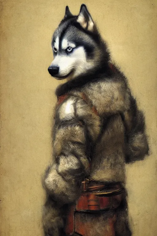 Prompt: a portrait painting of a husky in jeans, by rembrandt, [ western film ], humanoid, personify, anthropomorphic, trending on artstation