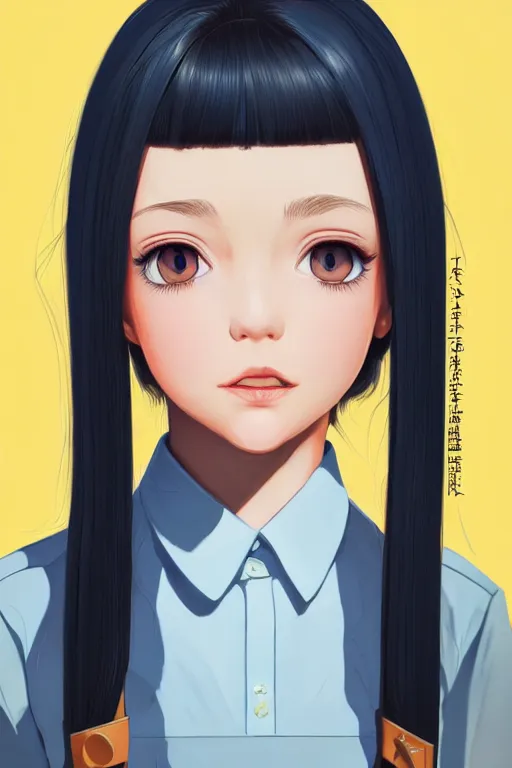 Image similar to a headshot of a very happy cute girl with shoulder - length white hair wearing school uniform, sharp focus, illustration, morandi color scheme, art station, high detailed, by ilya kuvshinov