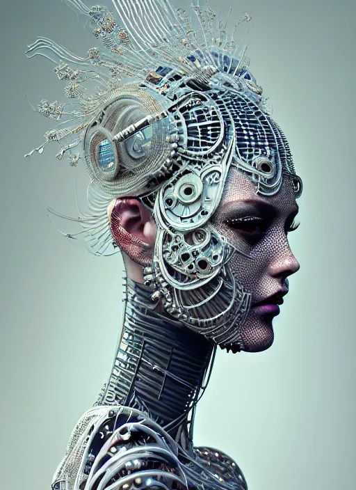 Image similar to portrait of an absurdly beautiful, graceful, sophisticated, fashionable cyberpunk mechanoid, hyperdetailed illustration by irakli nadar and vania zouravliov, matt wisniewski style, intricate linework, white porcelain skin, metal tribal headdress, day - glow face paint, unreal engine 5 highly rendered, global illumination, radiant light, detailed and intricate environment