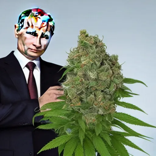 Prompt: Vladimir Putin holding a giant marijuana plant, detailed face, realistic face, photorealistic, highly detailed, cinematic