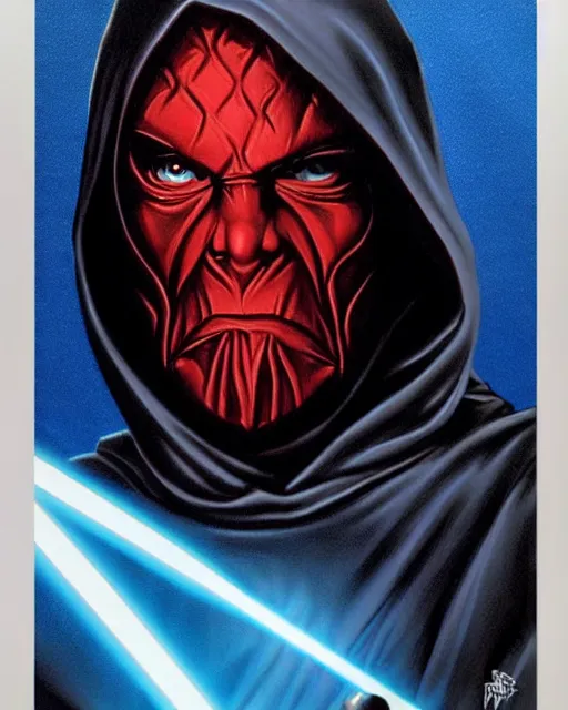 Prompt: hooded evil sith lord, airbrush, drew struzan illustration art, key art, movie poster