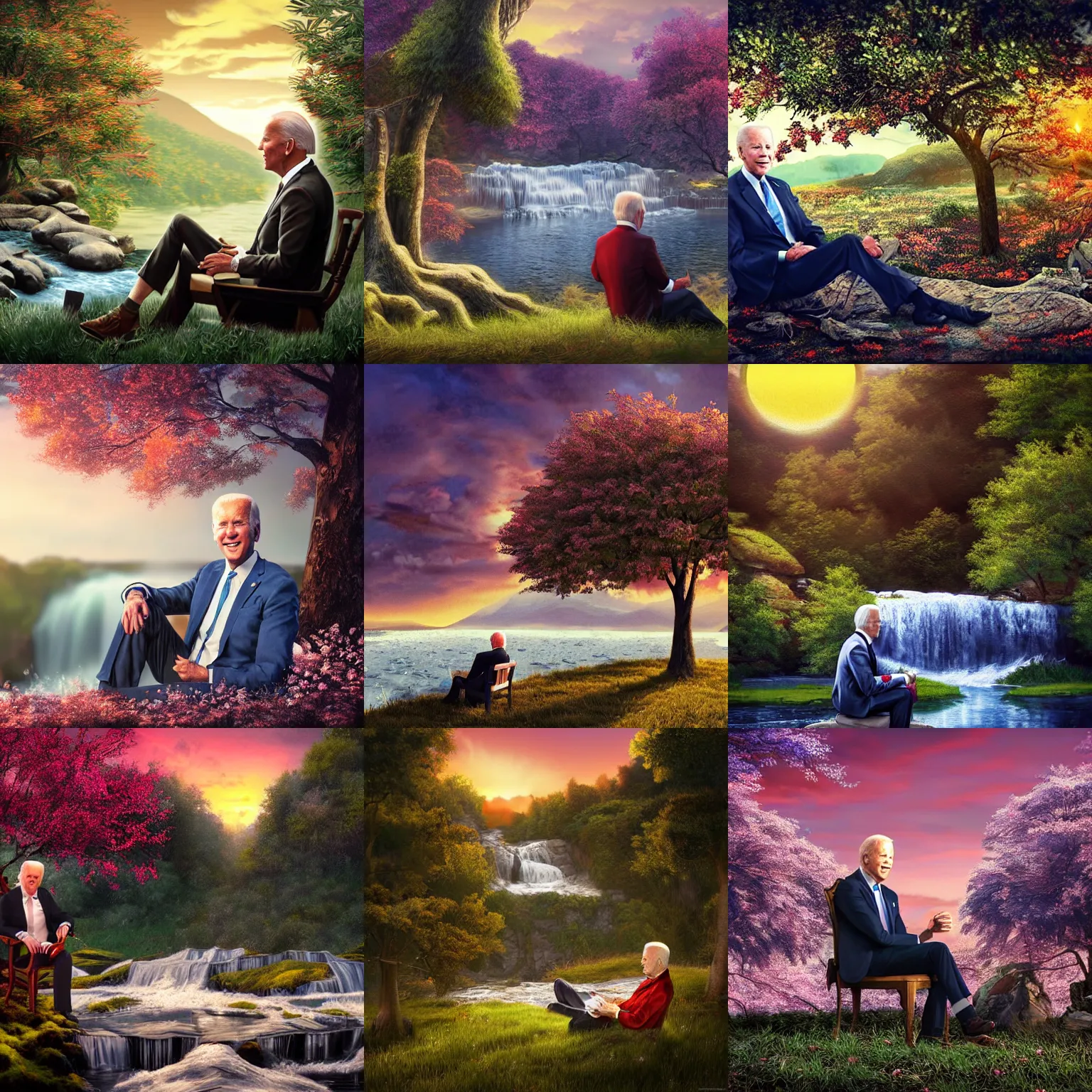 Prompt: featured on artstation photorealistic joe biden sitting under a cherry tree overlooking valley waterfall sunset beautiful image stylized digital art