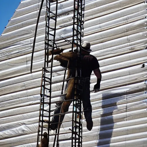 Prompt: man bear rigging a stage on a scaffold