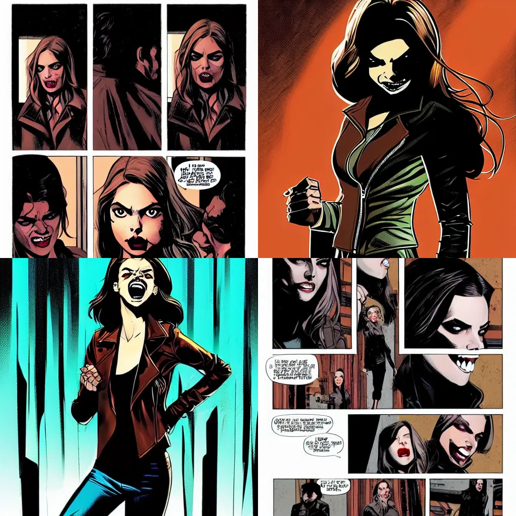 Prompt: in the style of Rafael Albuquerque comic art, Samara Weaving vampire, sharp teeth grin, sarcastic, brown leather jacket