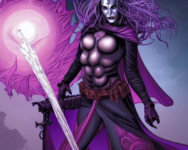 Image similar to fantasy comic cover art of female antihero wearing all battling grim reapers in a purple post apocalyptic hellscape, detailed faces, illustration by jenny frison and sana takeda and kenichi sonoda, intricate details, stunning inking lines, stunning gradient colors, 4 k, hd, artstation, award winning