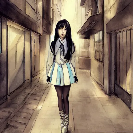 Prompt: a perfect, realistic professional digital sketch of a Japanese schoolgirl posing in a sci-fi alleyway, style of Marvel, full length, by pen and watercolor, fine details, no line, by a professional American senior artist on ArtStation, a high-quality hollywood-style sketch, on high-quality paper