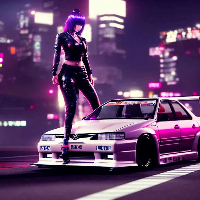 Image similar to toyota jzx 1 0 0 drift with cyberpunk girl standing, detailed - wheels, shibuya prefecture, cinematic lighting, photorealistic, night photography, octane render