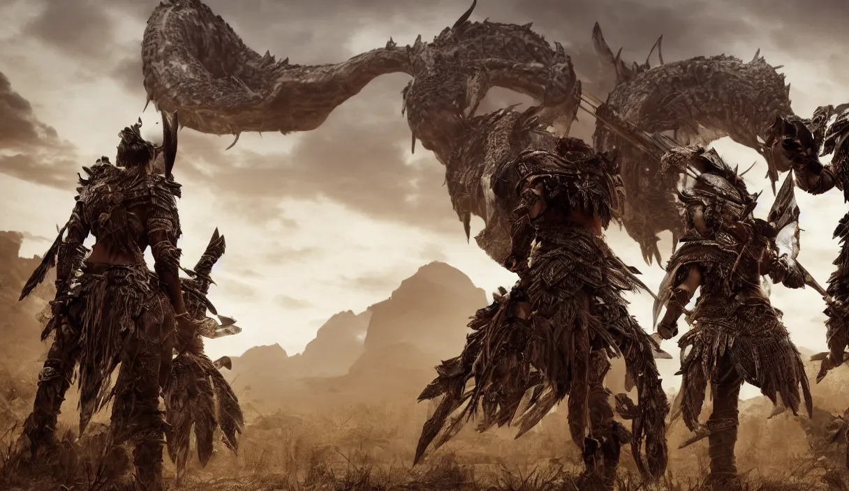 Image similar to panorama photo of two ancient tribesman in armor from monster hunterin the distance, they have futuristic weapons and stands in front of attacking barbarian horde in the background, back shot, muscular bodies, dramatic lighting, cinematic, establishing shot, extremely high detail, photorealistic, 300 the movie,monster hunter the movie, monster hunter, cinematic lighting, artstation, octane render, western,old photo, vintage