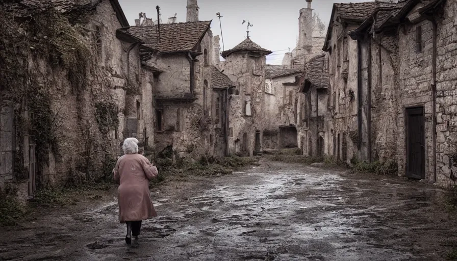 Image similar to Old lady walking in an empty abandoned medieval village at rainy day, muddy road, grey sky, damaged wooden houses, hyperdetailed, artstation, cgsociety, 8k