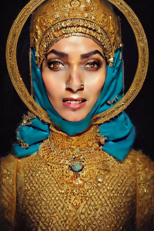 Prompt: a photorealistically painted portrait of a smiling hijabi queen with an ornate gold crown, dressed in a suit, perfectly symmetric face!!!, beautiful eyes!!, digital painting, concept art, minimal artifacts, volumetric lighting, Artgerm and William-Adolphe Bouguerea, in the style of Tom Bagshaw, trending on Artstation, award winning art