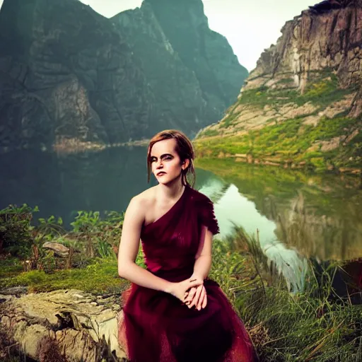 Image similar to a portrait of emma watson in a scenic environment by elsa bleda