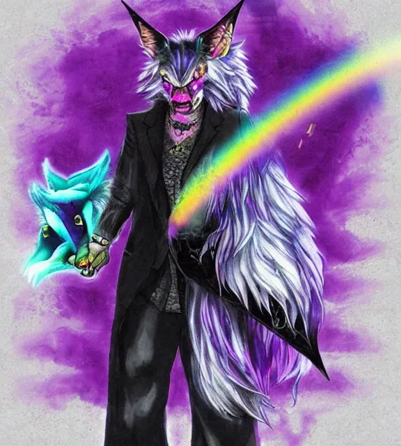 Prompt: ( with a glowing rainbow tail ) a purple wolfbat fursona ( from the furry fandom ) wearing an eyepatch, he is travelling through a shadowy city, an affable devil among demons, neo - noir tone of max payne, style of purple rain album cover ( by prince ), dark colors