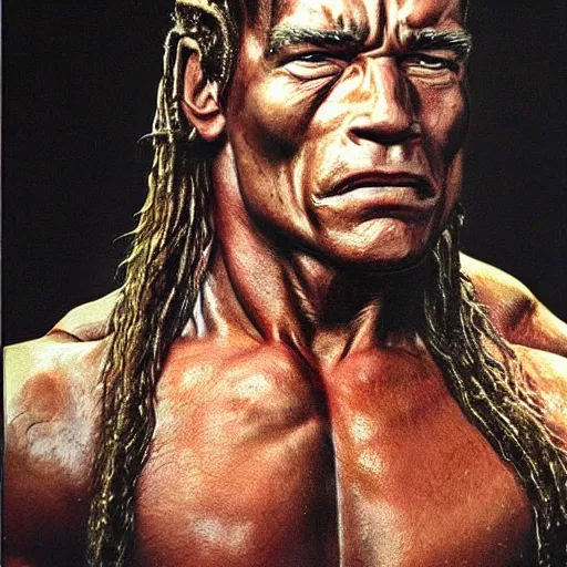 Image similar to arnold schwarzenegger as a predator, looks photorealistic, hyper-detailed portrait