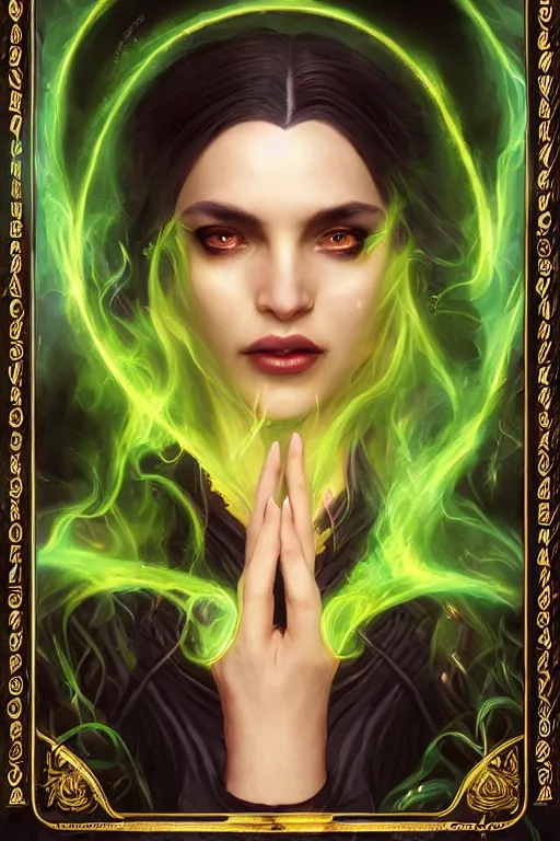 Prompt: a portrait of a beautiful sorceress wearing a black robe with gold embroidery, casting a spell, green glows, painted by artgerm and tom bagshaw, in the style of magic the gathering, perfect face, symmetrical face, highly detailed digital art